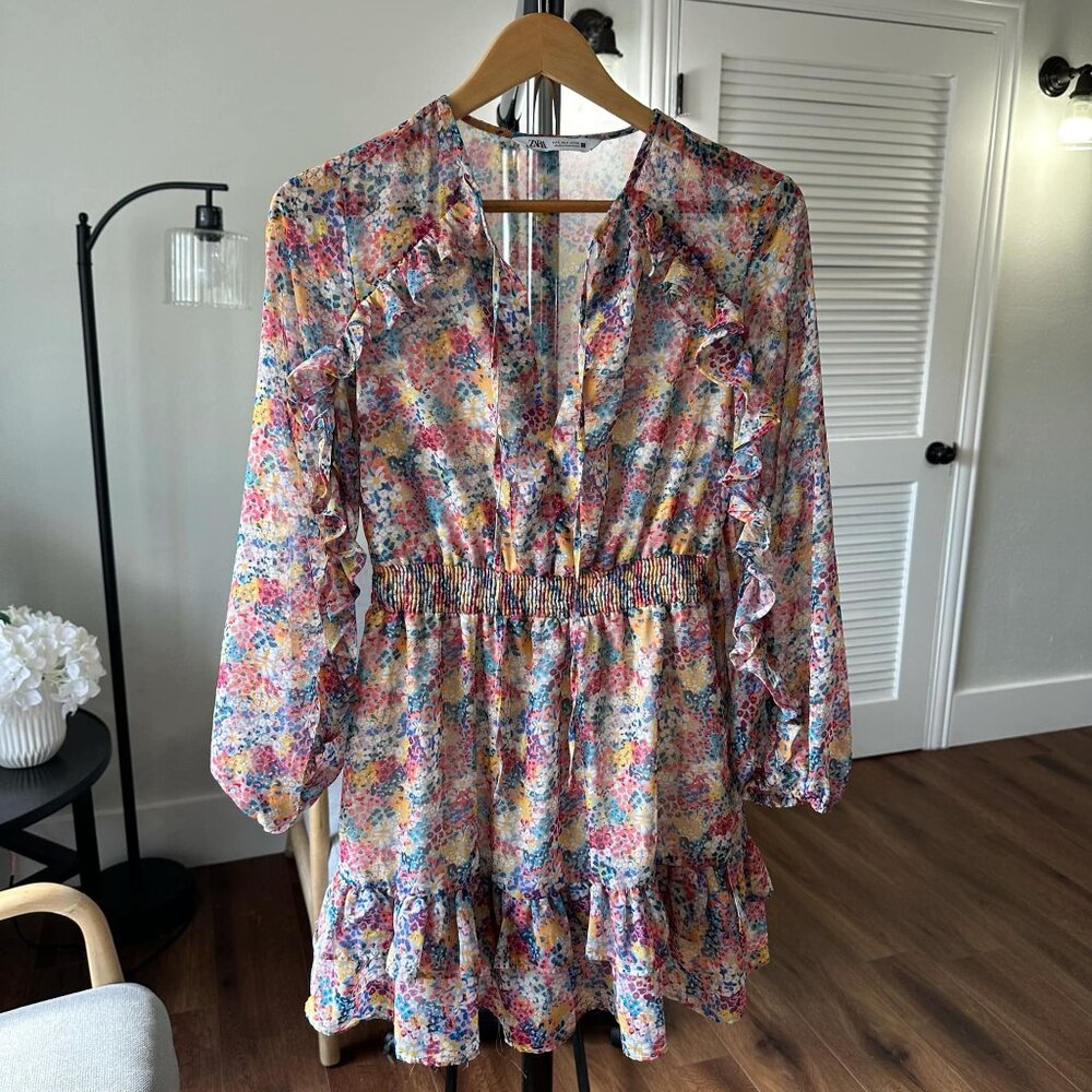 Womens Zara Floral Tiered Scrunch Waist Pleated Ruffle Rainbow Dress Size S EUC